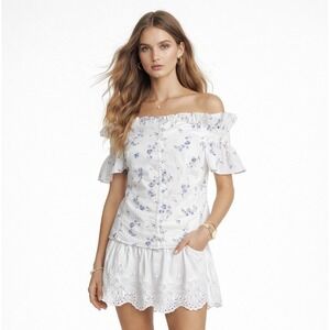 Rebecca Taylor Francine Floral Off Shoulder Blouse White Blue Cottagecore Top 10
